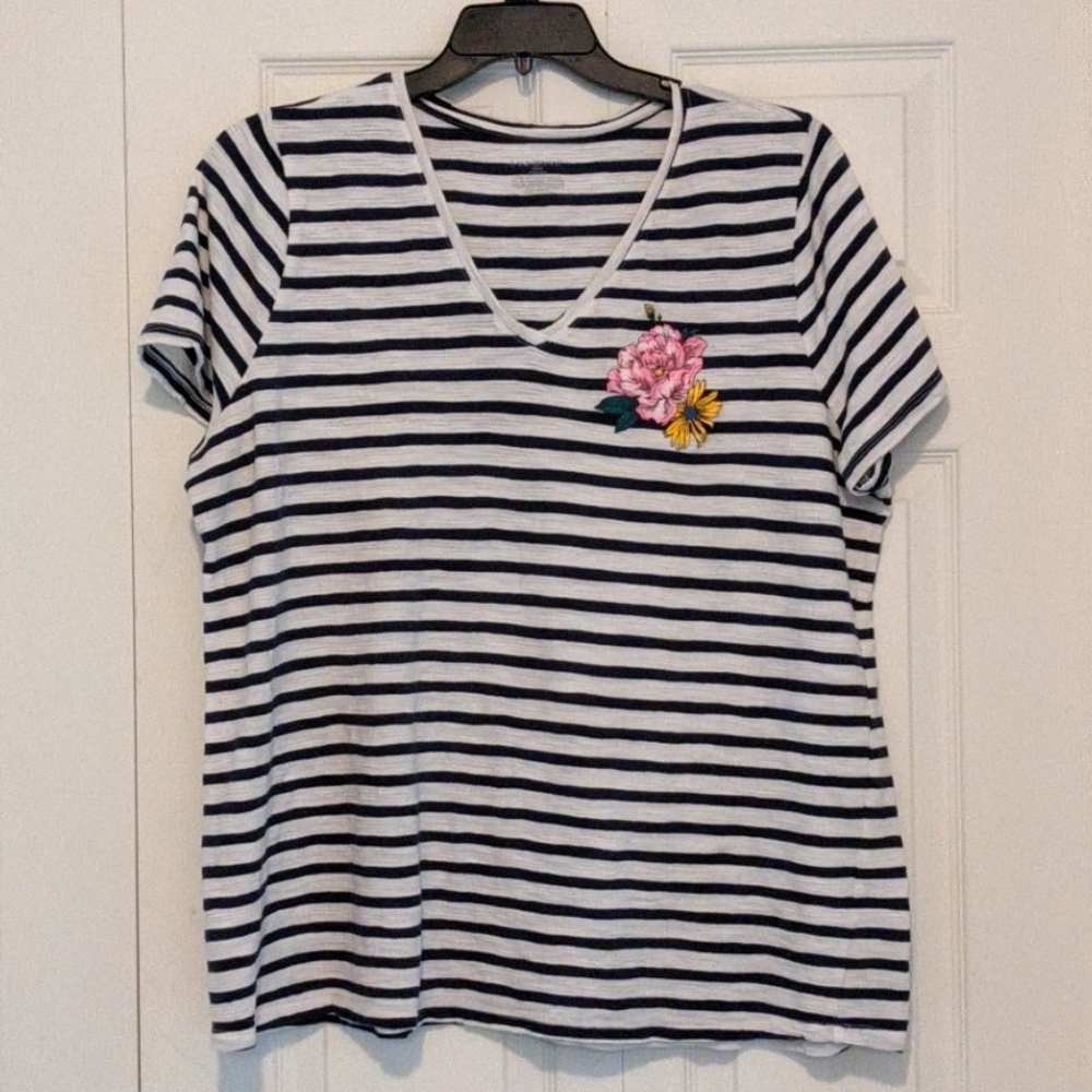 Lane Bryant Navy Blue Striped Short Sleeve T-Shirt